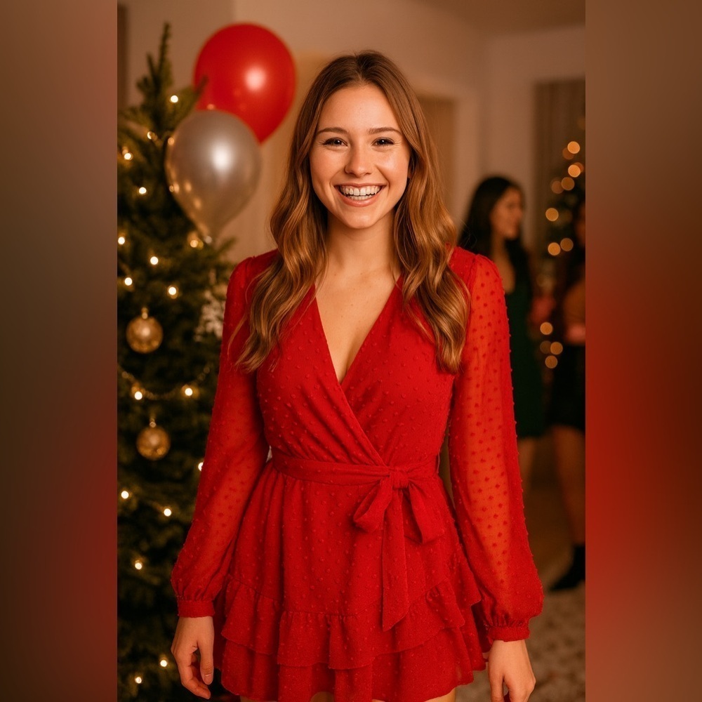 B. Smart Vibrant Red Sheer Mini C Neck Dress